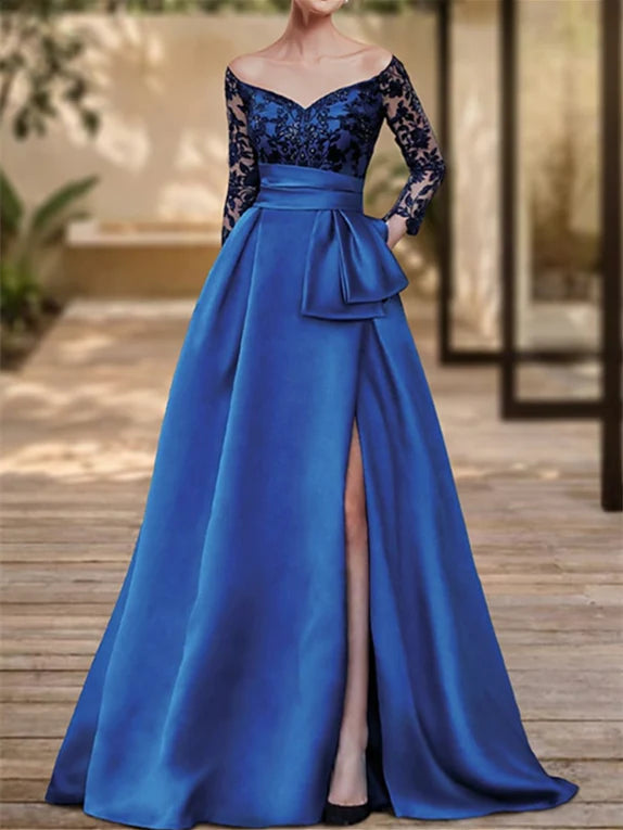 Wholesa A-Line V-Neck Long Sleeves Floor-Length Evening Dresses