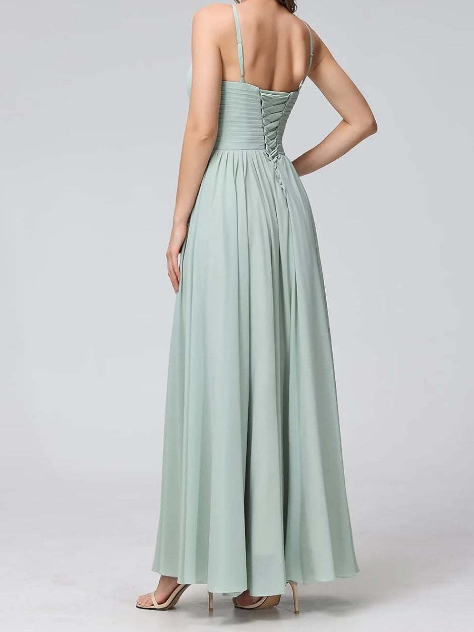 Wholesa A Line Spaghetti Straps Halter Sleeveless Floor-Length Bridesmaid Dresses