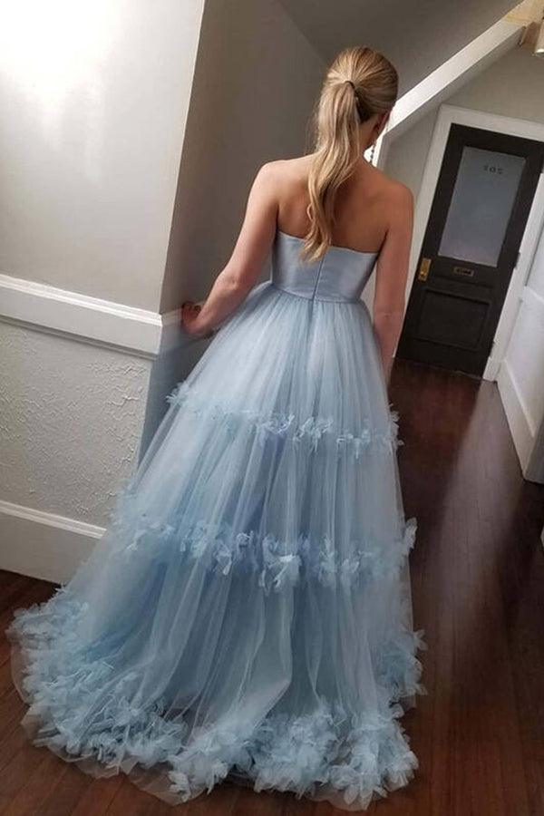 Wholesa Strapless A-line Light Blue Ball Gown Prom Dress Evening Dress