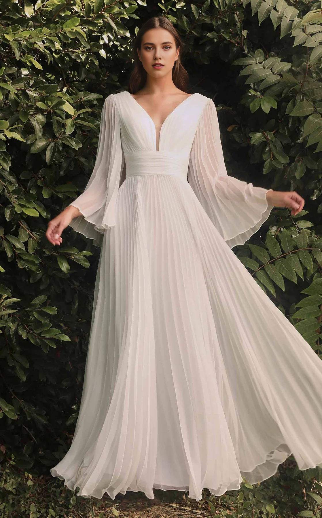 CNTNZ DRESS Flutter A Line Deep V Neck Angel Sleeves Pleated Exquisite Fashion Hot Sale Wedding Dress