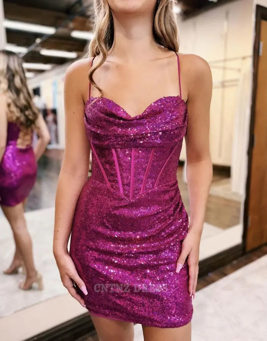 Wholesa Sparkly Spaghetti Straps Short Tight Hot Pink formal dresses Bridesmaid Dresses evening gown Prom Dress Homecoming Dress