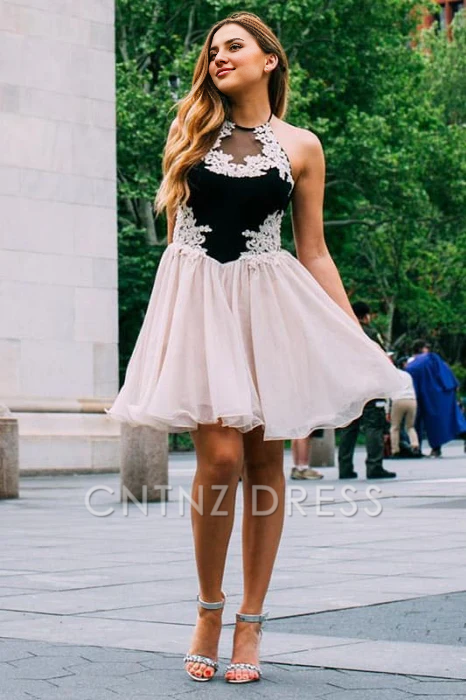 CNTNZ DRESS Hot Sale Short Prom Dress A-Line Halter Chiffon Lace Applique Sweet Homecoming Dress