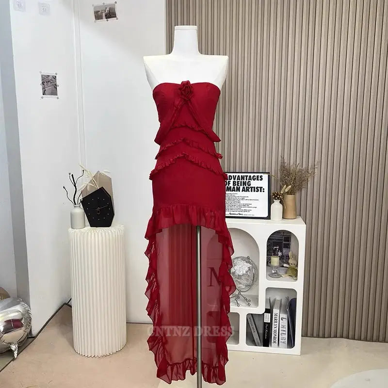 Wholesa Sheath Strapless Chiffon High Low Burgundy Long formal dresses Bridesmaid Dresses evening gown Prom Dress