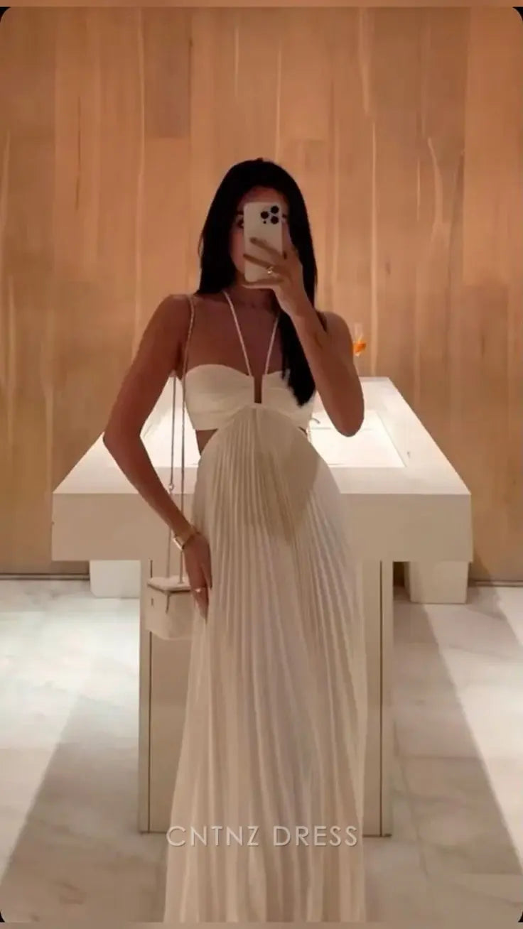 Wholesa A-line Halter Sexy White Pleated Long formal dresses Bridesmaid Dresses evening gown Prom Dress