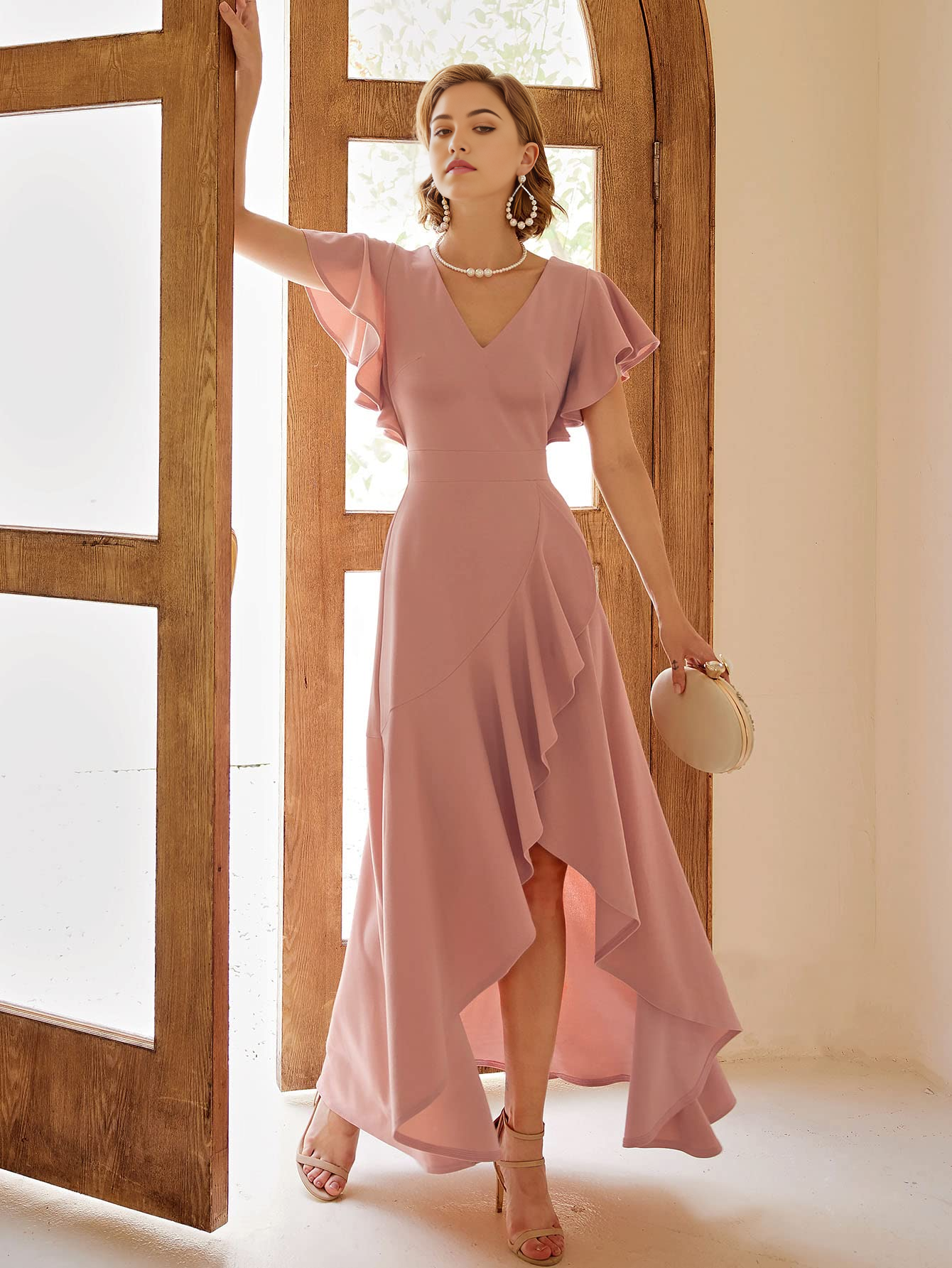 Wholesa A-line V Neck Ruffle Split formal dresses Bridesmaid Dresses evening gown Prom Dress