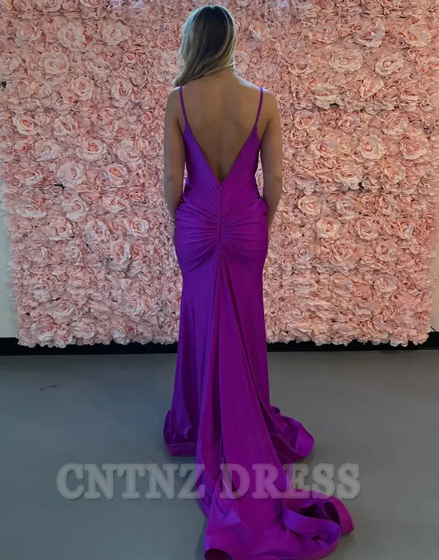 Wholesa Mermaid Spaghetti Straps Satin Long Hot Pink formal dresses Bridesmaid Dresses evening gown Prom Dress with Sweeping Train