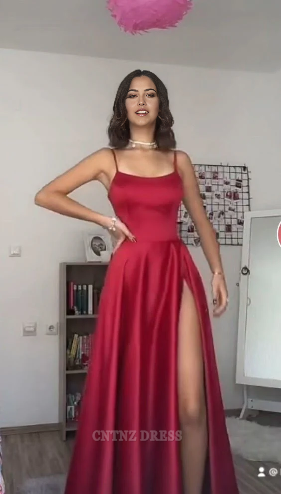 Wholesa A line Spaghetti Straps Red Satin Slit Long formal dresses Bridesmaid Dresses evening gown Prom Dress