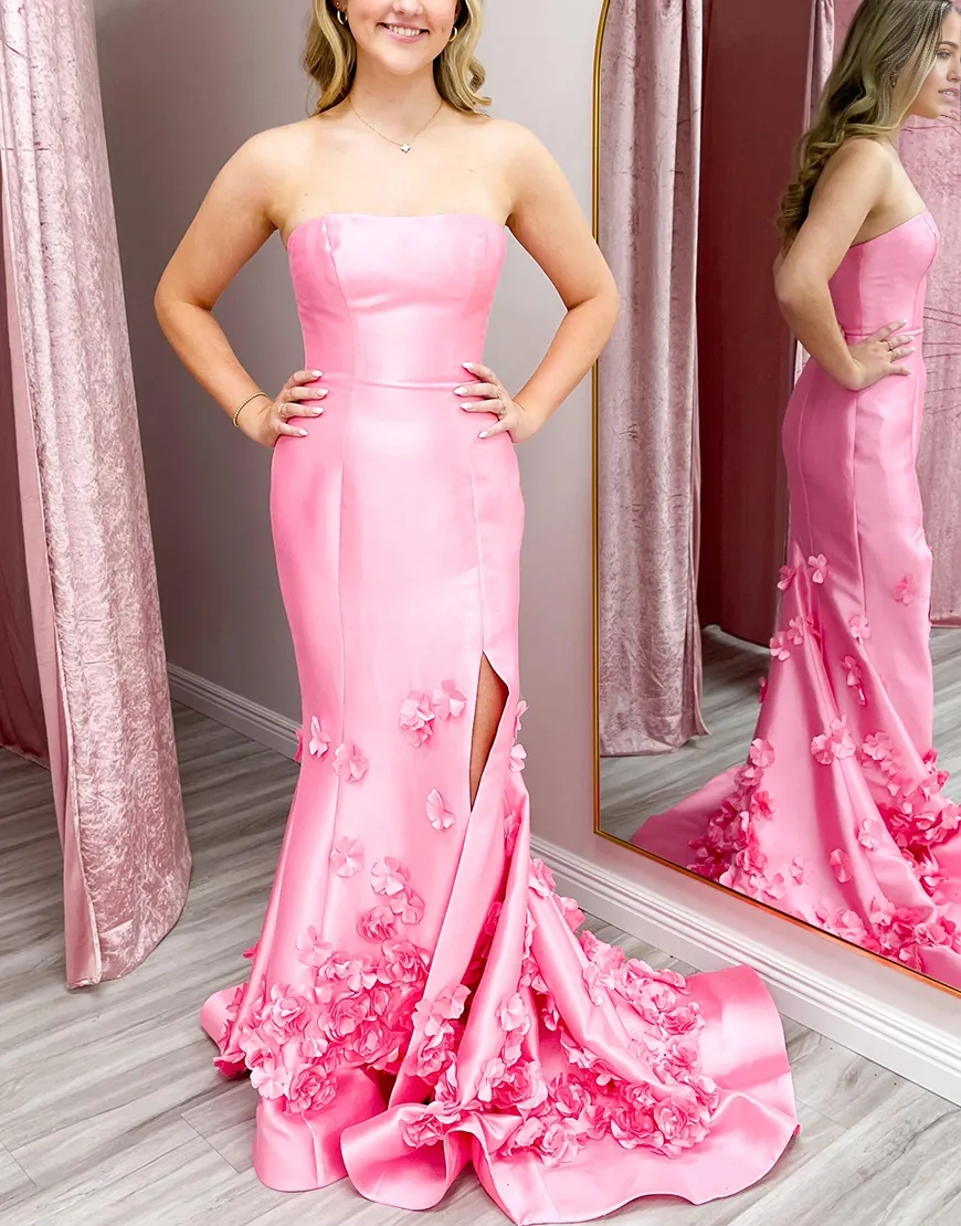Wholesa Mermaid Strapless Flowers Pink Long formal dresses evening gown Prom Dress with Slit