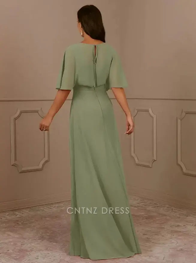 Wholesa A-Line V-Neck Short Sleeves Chiffon Pleated Wedding Guest Dresses Mother of the Bride Dresse