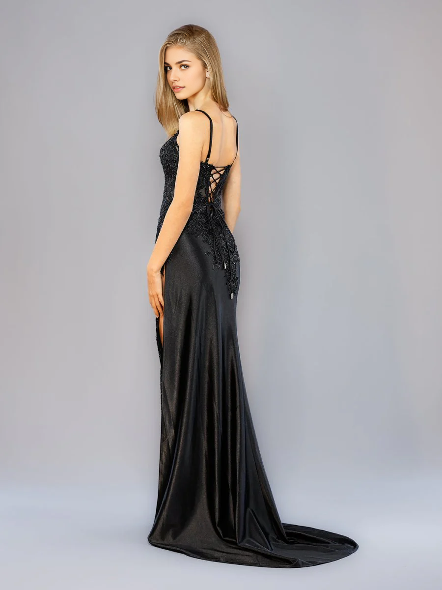 Exquisite Formal Women's Dresses Black Satin Sheath Spaghetti Straps V Neck Sleeveless Backless Lace Appliques with High Slit Bargain Long Prom Dress