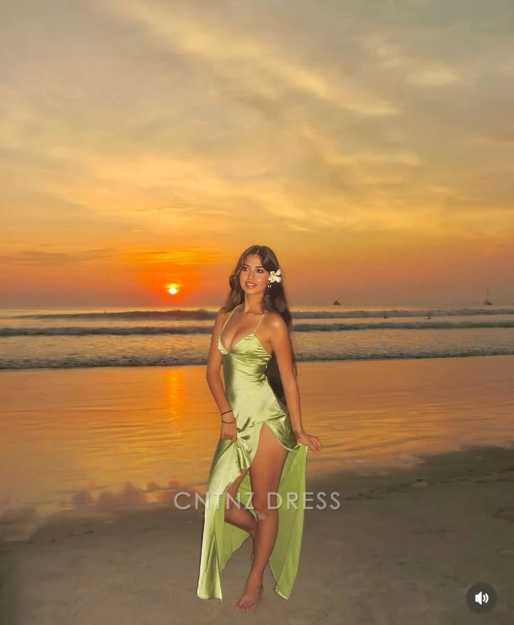 Wholesa Sheath Simple V-Neck Spaghetti Straps Green Slit Satin Long formal dresses Bridesmaid Dresses evening gown Prom Dress