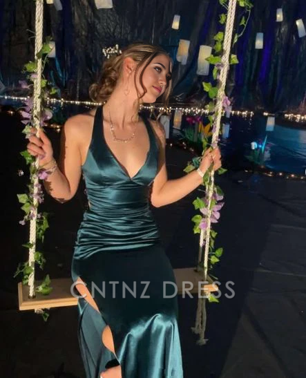 Wholesa Sheath Vintage V-Neck Green Backless Slit formal dresses Bridesmaid Dresses evening gown Prom Dress