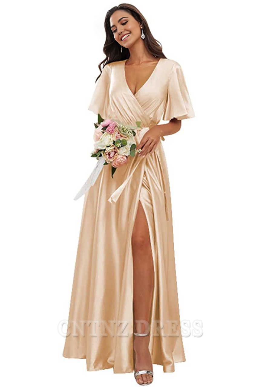 Wholesa A Line V Neck Sleeves Satin formal dresses evening gown Bridesmaid Dresses with Slit