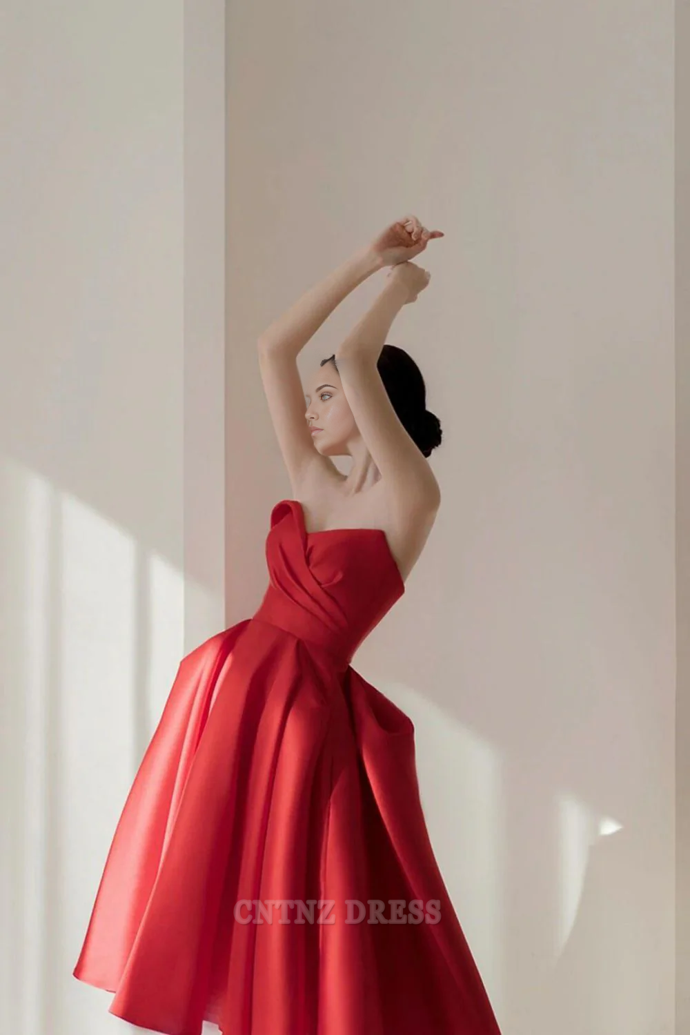 Wholesa A-line Elegant Strapless Red Homecoming Dress formal dresses Bridesmaid Dresses evening gown Prom Dress With Pleat