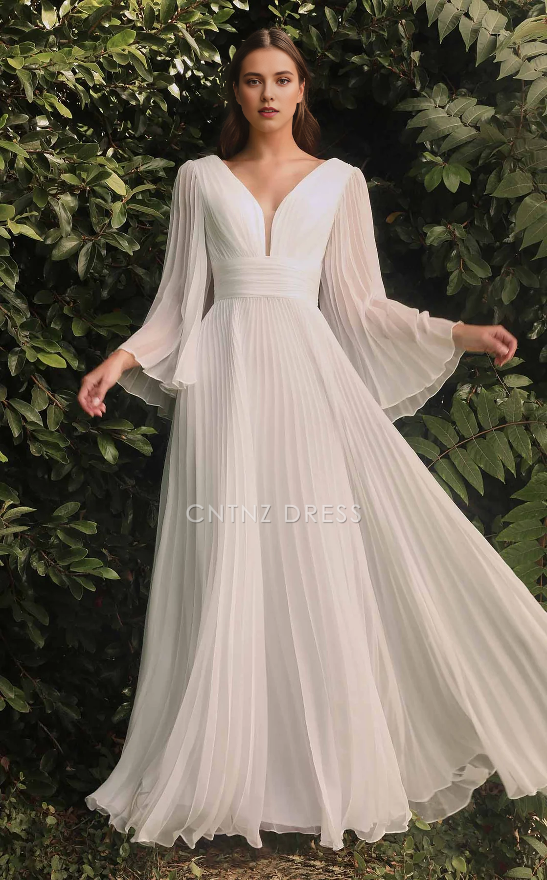 CNTNZ DRESS Flutter A Line Deep V Neck Angel Sleeves Pleated Exquisite Fashion Hot Sale Wedding Dress