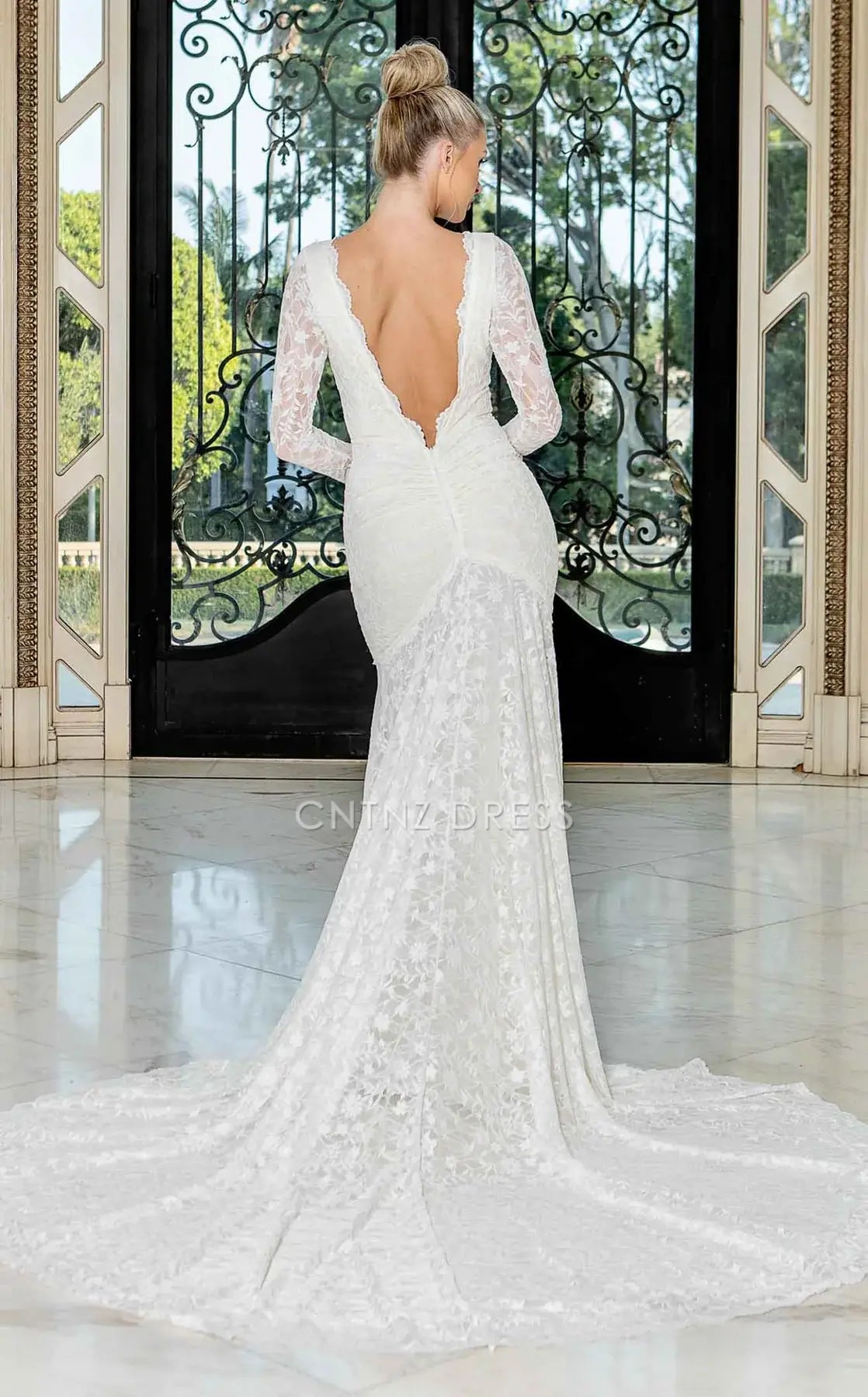 CNTNZ DRESS Charming Mermaid Boat Neckline Long Sleeves Backless Exquisite Lace Sweep Train Hot Sale Wedding Dress