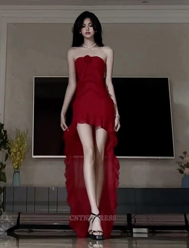 Wholesa Sheath Strapless Chiffon High Low Burgundy Long formal dresses Bridesmaid Dresses evening gown Prom Dress