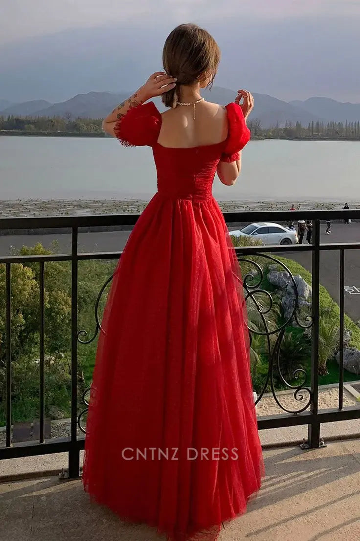Wholesa A Line Sweetheart Pretty Red Tulle formal dresses Bridesmaid Dresses evening gown Prom Dress
