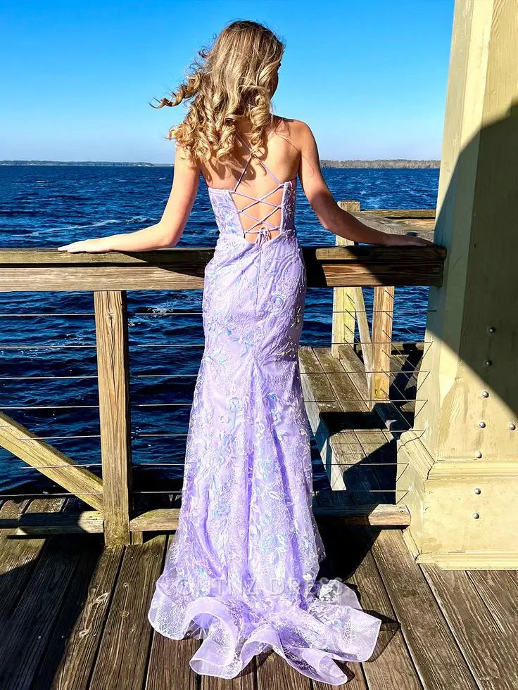 Wholesa Mermaid Spagehtti Straps Lilac Lace Sequin Long formal dresses Bridesmaid Dresses evening gown Prom Dress