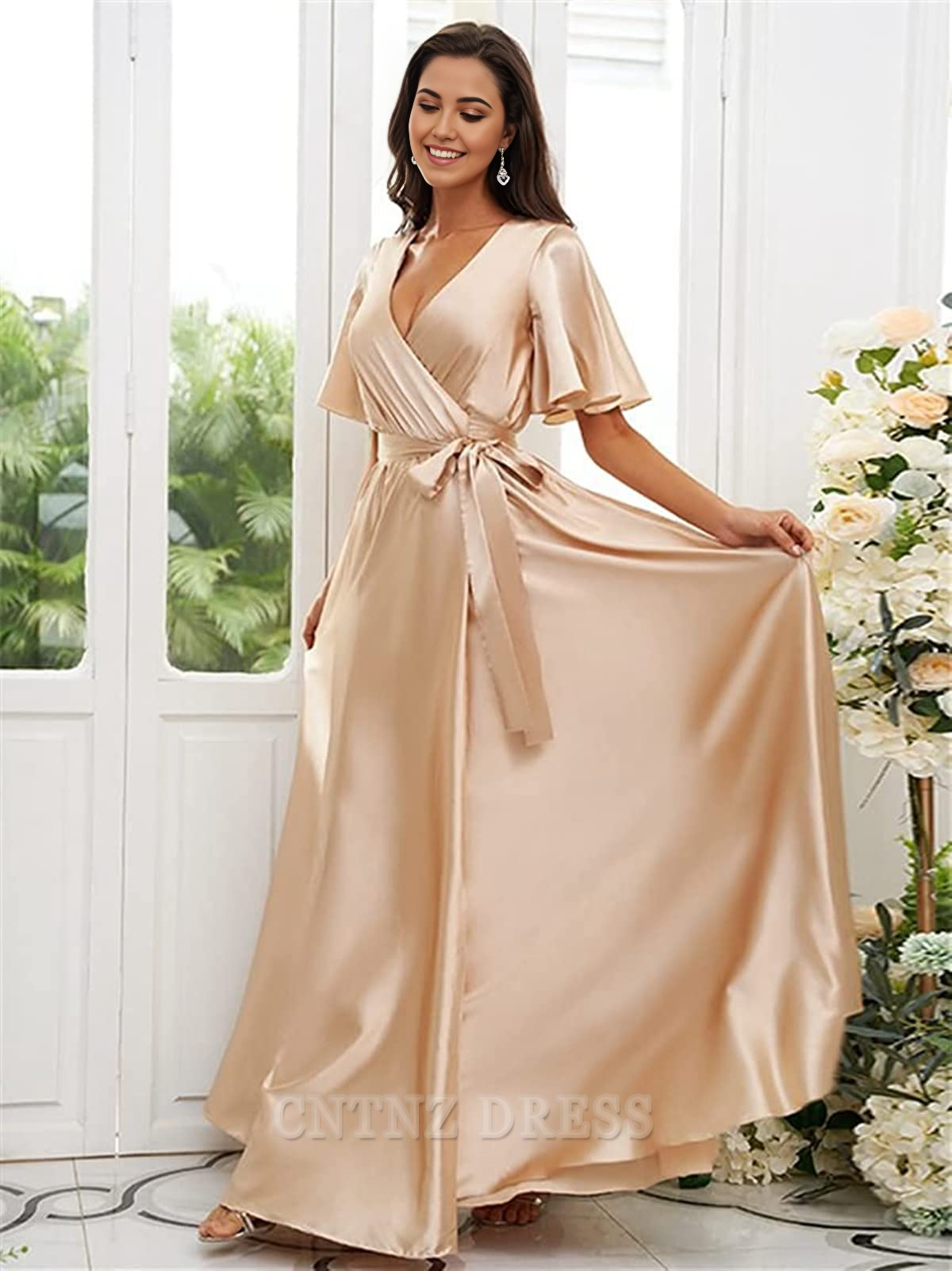 Wholesa A Line V Neck Sleeves Satin formal dresses evening gown Bridesmaid Dresses with Slit