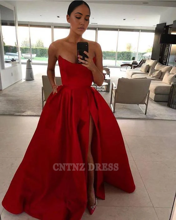 Wholesa A-line Strapless Red Satin High Slit formal dresses Bridesmaid Dresses evening gown Prom Dress