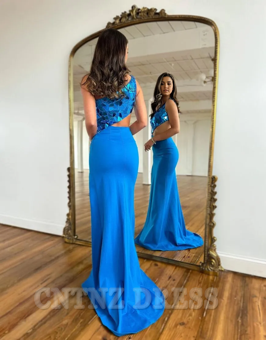 Wholesa Sheath One Shoulder Satin Long formal dresses evening gown Prom Dress With Split