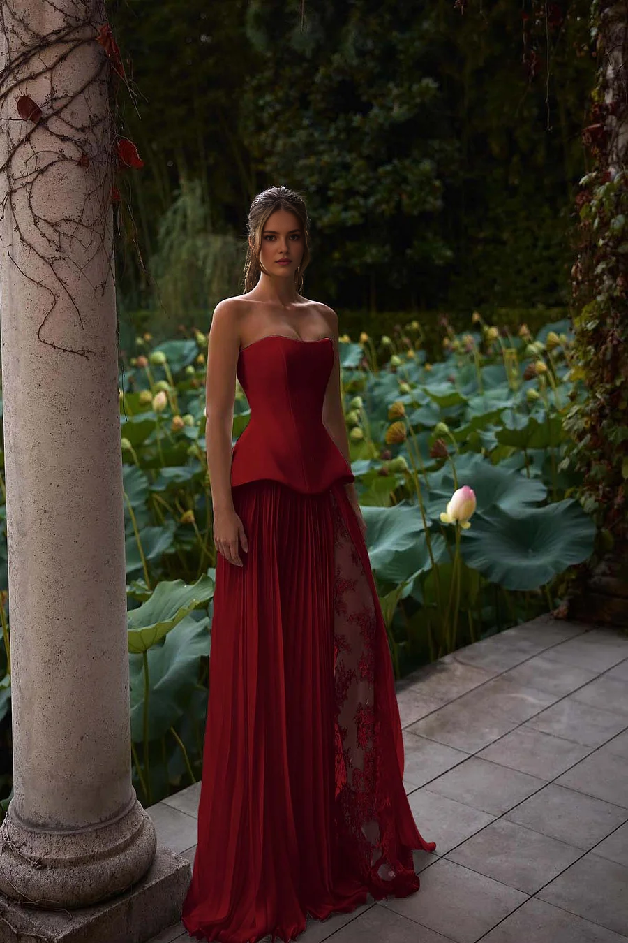 Unique A Line Strapless Sleeveless With Pleated Lace Split Evening Gowns Exquisite Long Prom Dress