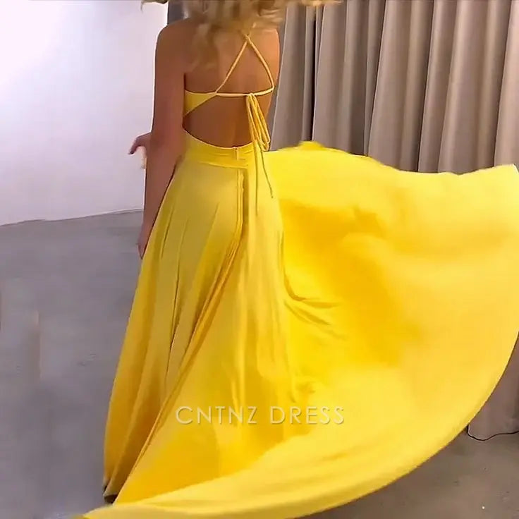 Wholesa A-line Elegant V Neck Lace Up Yellow formal dresses Bridesmaid Dresses evening gown Prom Dress With Slit