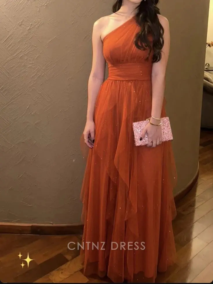 Wholesa A-line One Shoulder Glitter Orange Tulle formal dresses Bridesmaid Dresses evening gown Prom Dress