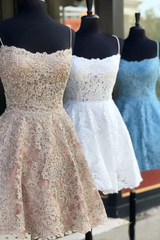 CNTNZ DRESS Hot Sale Homecoming Dress A Line Spaghetti Straps Backless Lace Formal Short Prom Dress