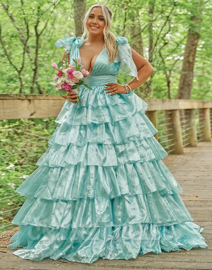 Wholesa A-Line Deep V-Neck Long Tiered formal dresses evening gown Prom Dress With Split