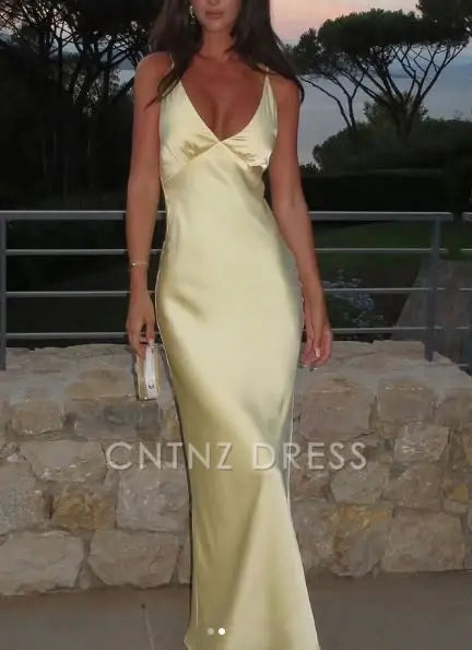Wholesa Sheath V Neck Sexy Yellow Satin formal dresses Bridesmaid Dresses evening gown Prom Dress