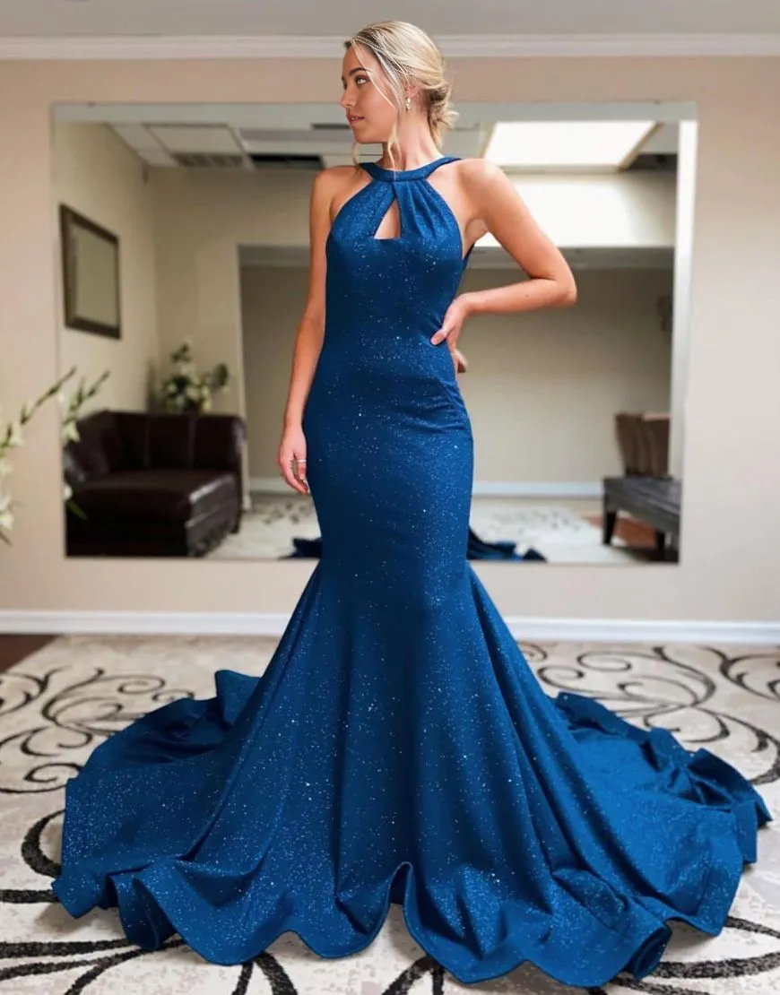 Wholesa Mermaid Halter Neck Open Back Court Train Navy formal dresses evening gown Prom Dress