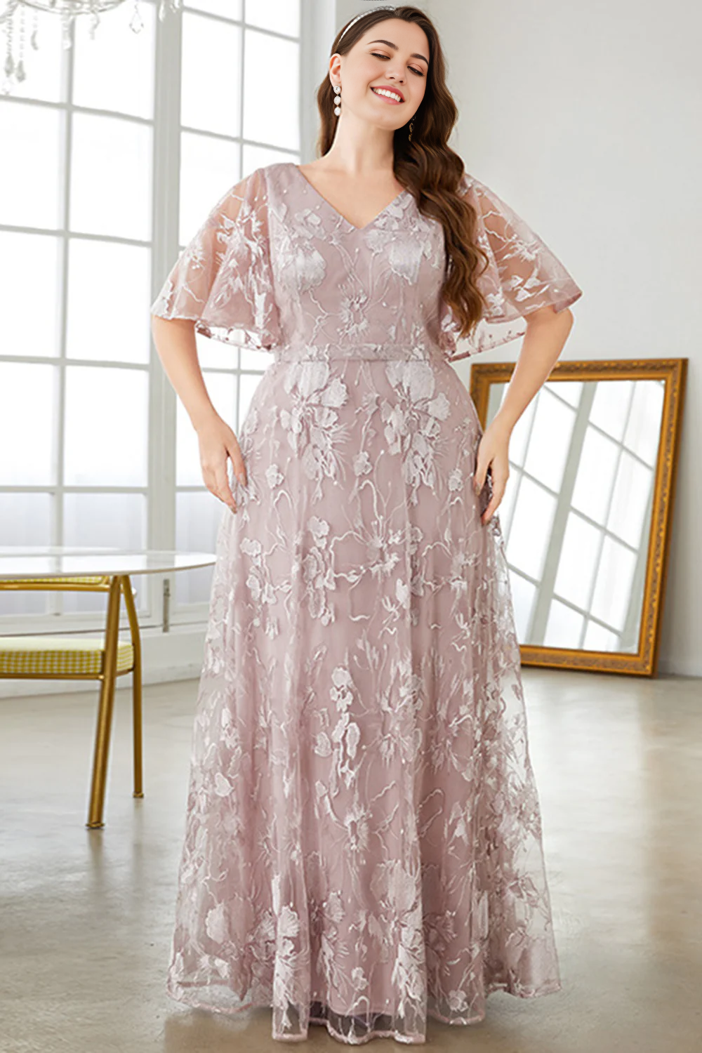 Wholesa Plus Size A-Line V-Neck Embroidered Prom Dress