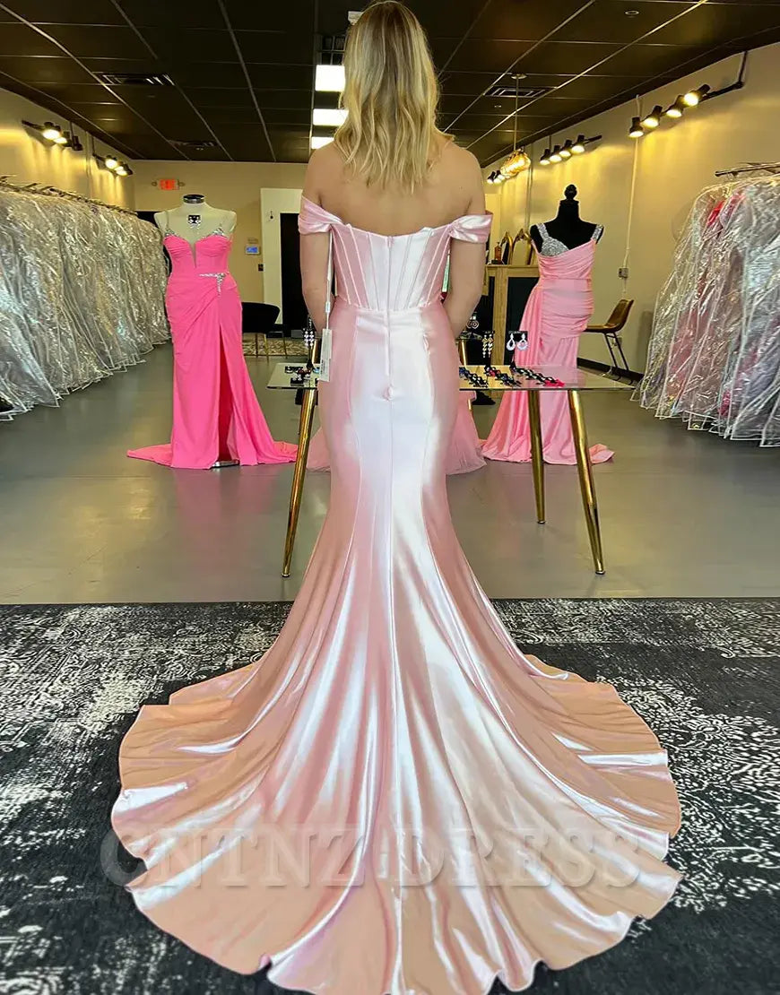 Wholesa Mermaid Off the Shoulder Corset Satin Light Pink Long formal dresses Bridesmaid Dresses evening gown Prom Dress