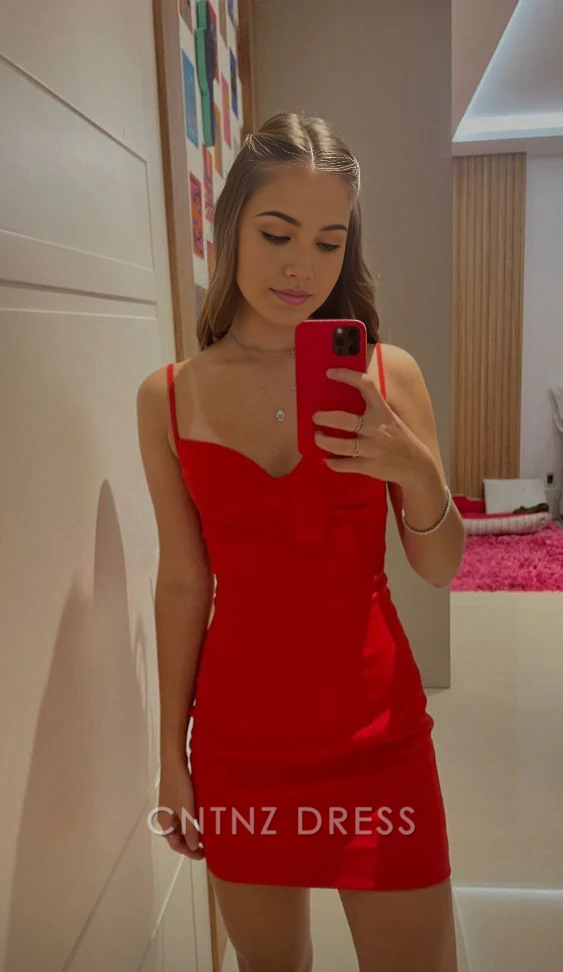 Wholesa Sheath Spaghetti Straps Bodycon Cute Red Homecoming Dress formal dresses Bridesmaid Dresses evening gown Prom Dress