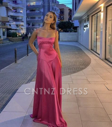 Wholesa A Line Spaghetti Straps Pink Satin Long formal dresses Bridesmaid Dresses evening gown Prom Dress