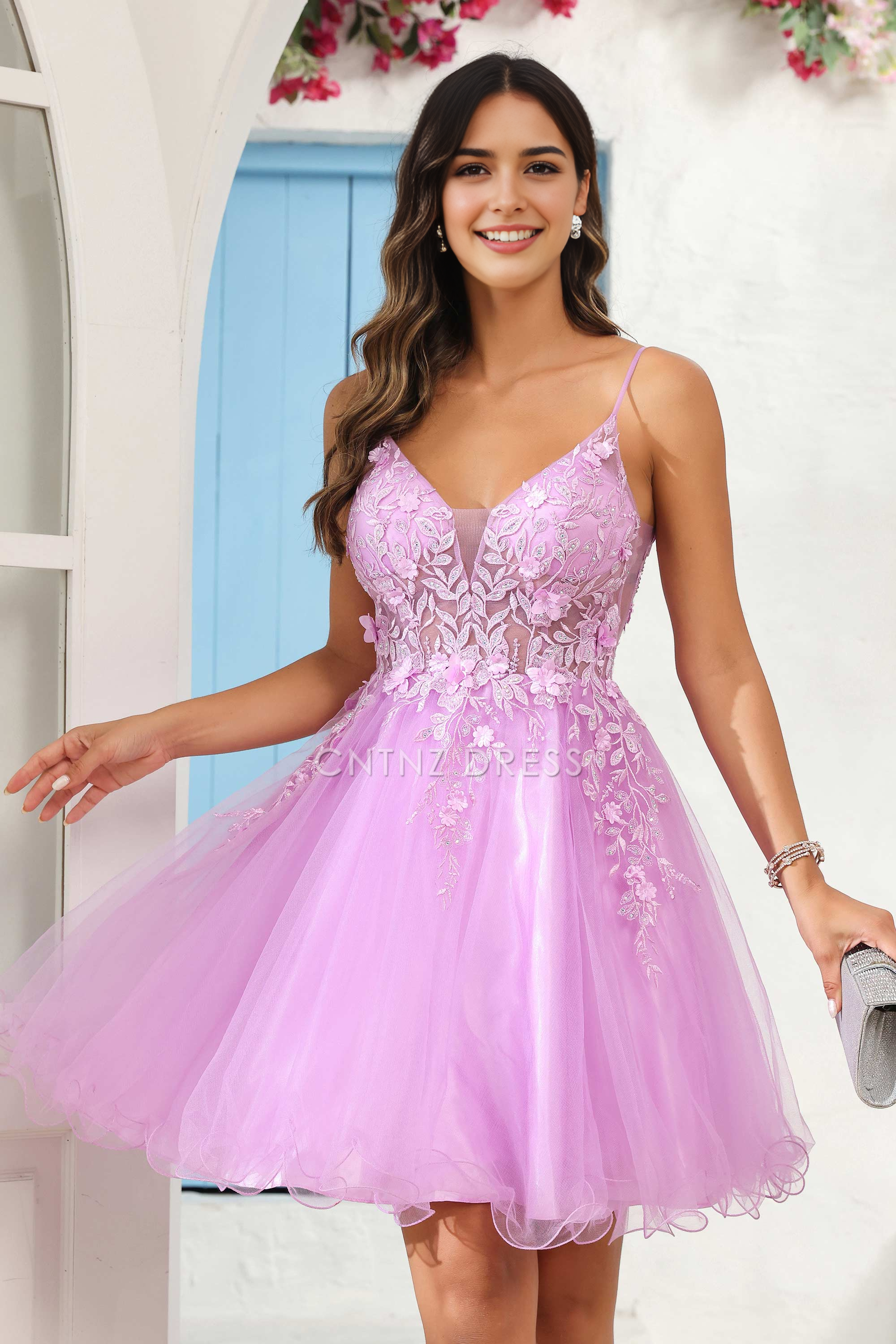 CNTNZ DRESS Exquisite A Line V Neck See-through Applique Tulle Backless Mini Dress Hot Sale Homecoming Dress