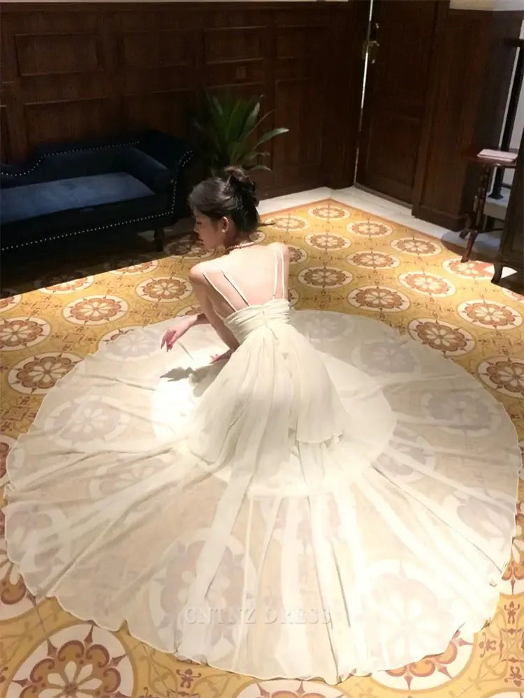 Wholesa A Line Spaghetti Straps Ivory Long formal dresses Bridesmaid Dresses evening gown Prom Dress With Layers