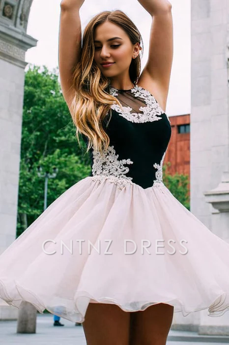 CNTNZ DRESS Hot Sale Short Prom Dress A-Line Halter Chiffon Lace Applique Sweet Homecoming Dress