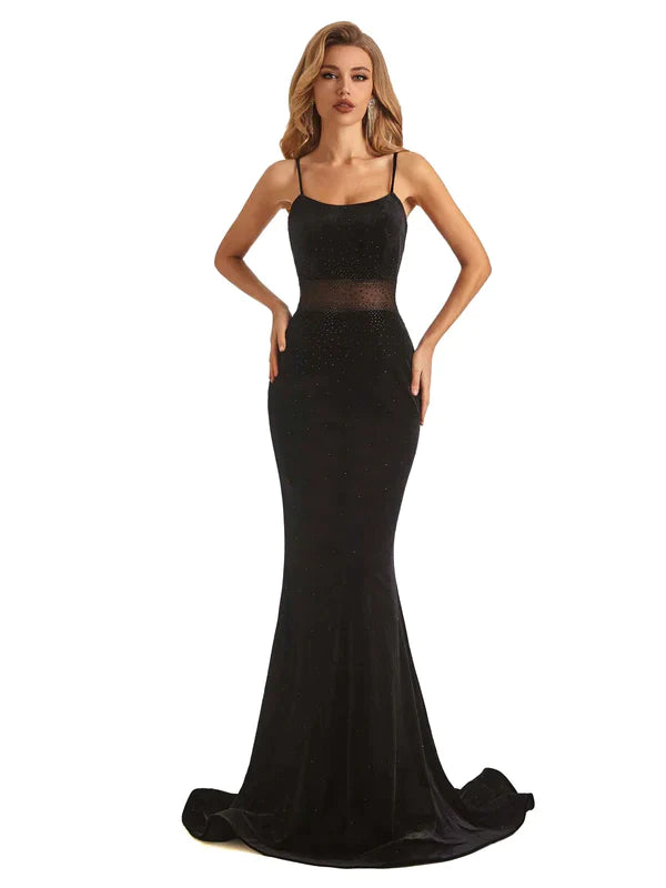 Wholesa Sexy Black Velvet Mermaid Beading Spaghetti Strap Floor-Length Long Prom Dresses