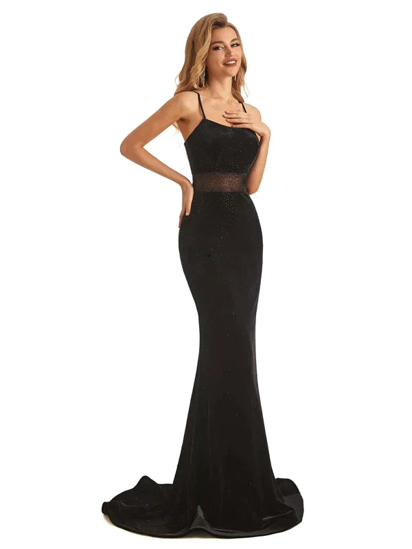 Wholesa Sexy Black Velvet Mermaid Beading Spaghetti Strap Floor-Length Long Prom Dresses