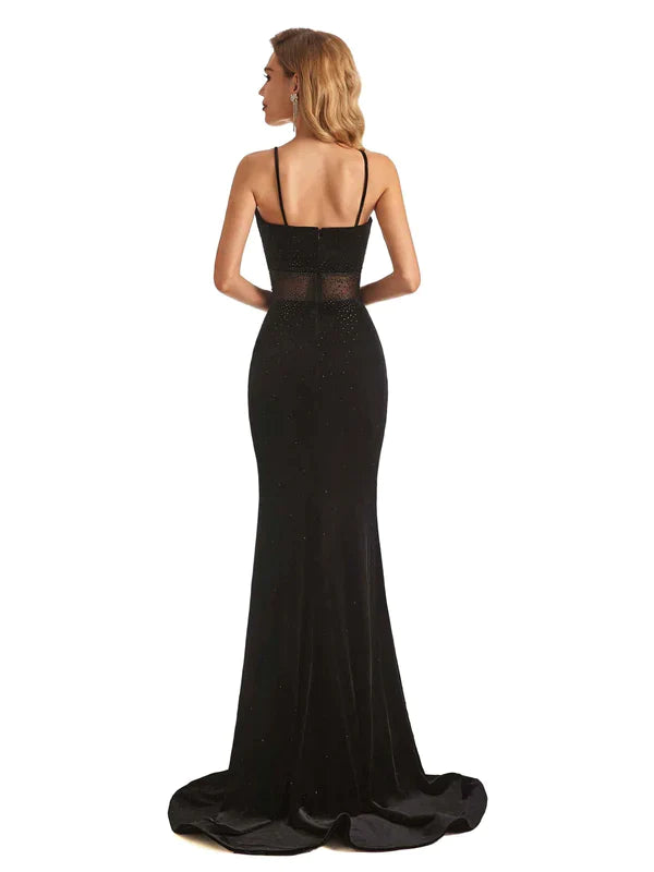 Wholesa Sexy Black Velvet Mermaid Beading Spaghetti Strap Floor-Length Long Prom Dresses