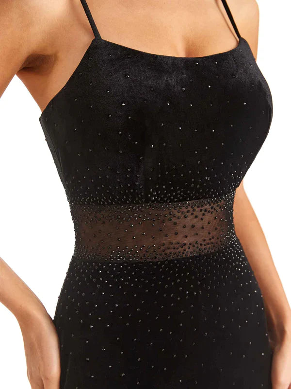 Wholesa Sexy Black Velvet Mermaid Beading Spaghetti Strap Floor-Length Long Prom Dresses