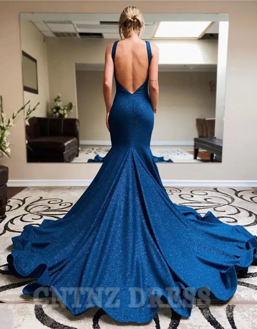 Wholesa Mermaid Halter Neck Open Back Court Train Navy formal dresses evening gown Prom Dress