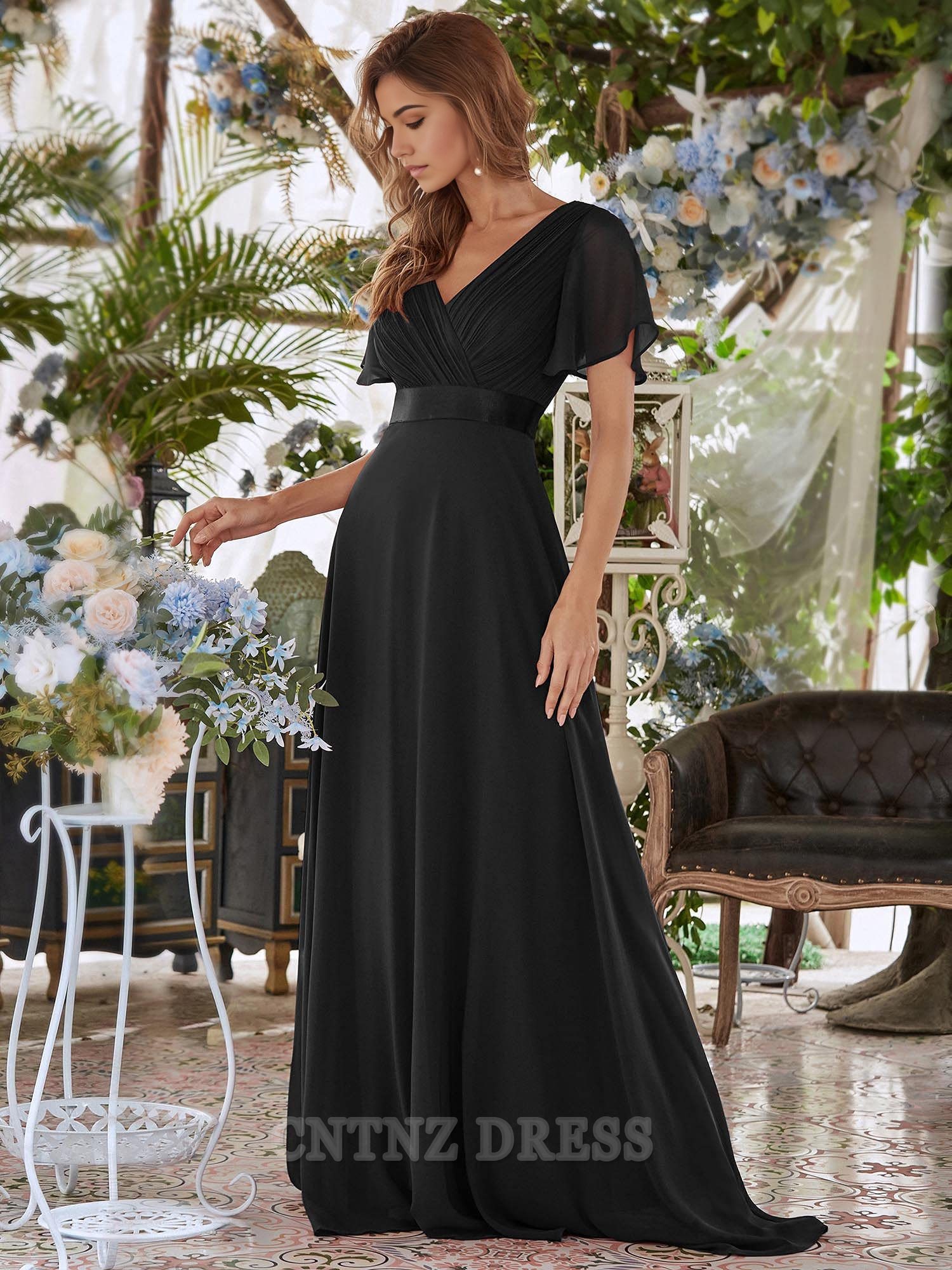 Wholesa A-line V-Neck Short Sleeve Floor Length formal dresses Bridesmaid Dresses evening gown Prom Dress Mother of The Bride Dress