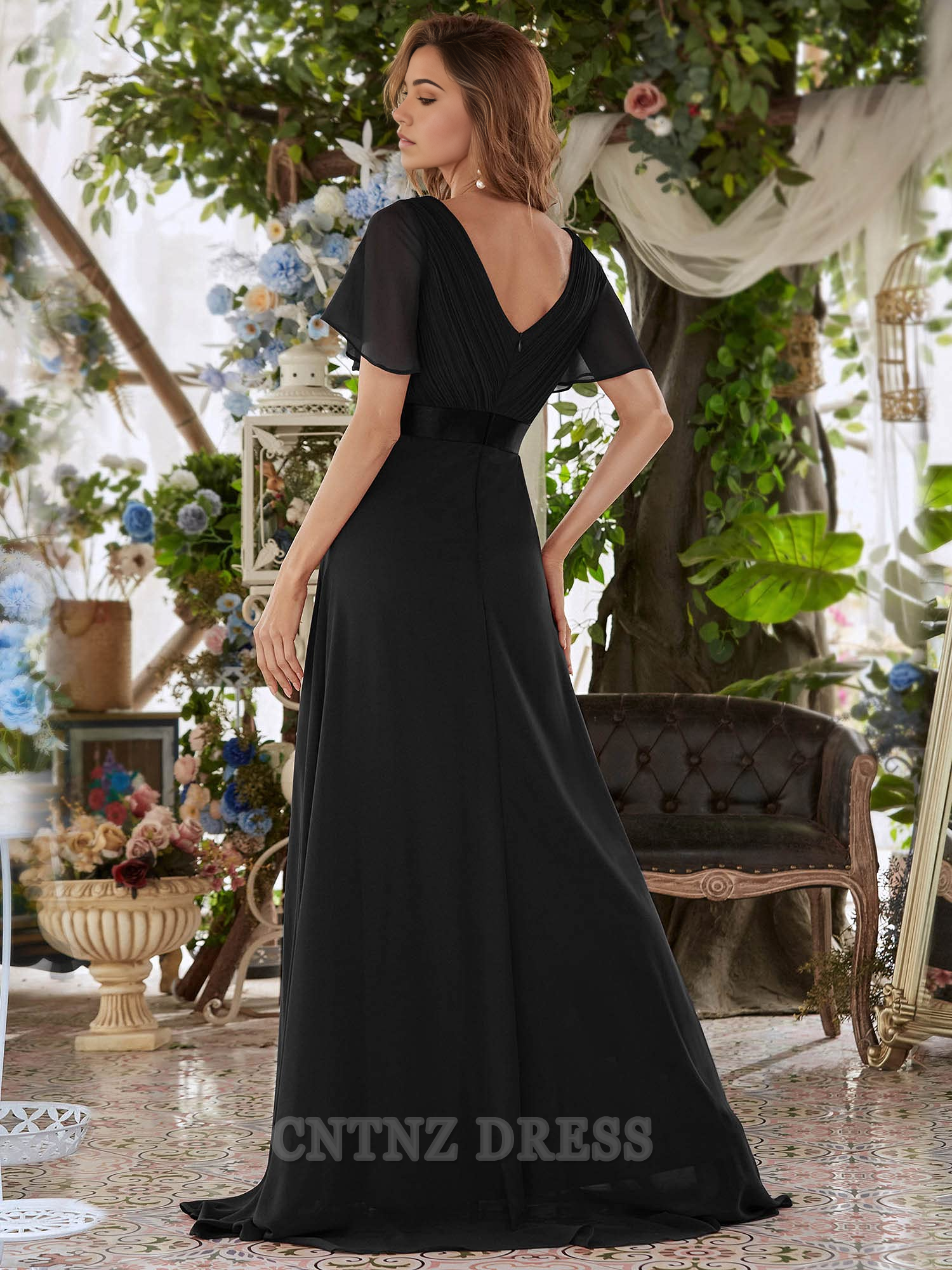 Wholesa A-line V-Neck Short Sleeve Floor Length formal dresses Bridesmaid Dresses evening gown Prom Dress Mother of The Bride Dress