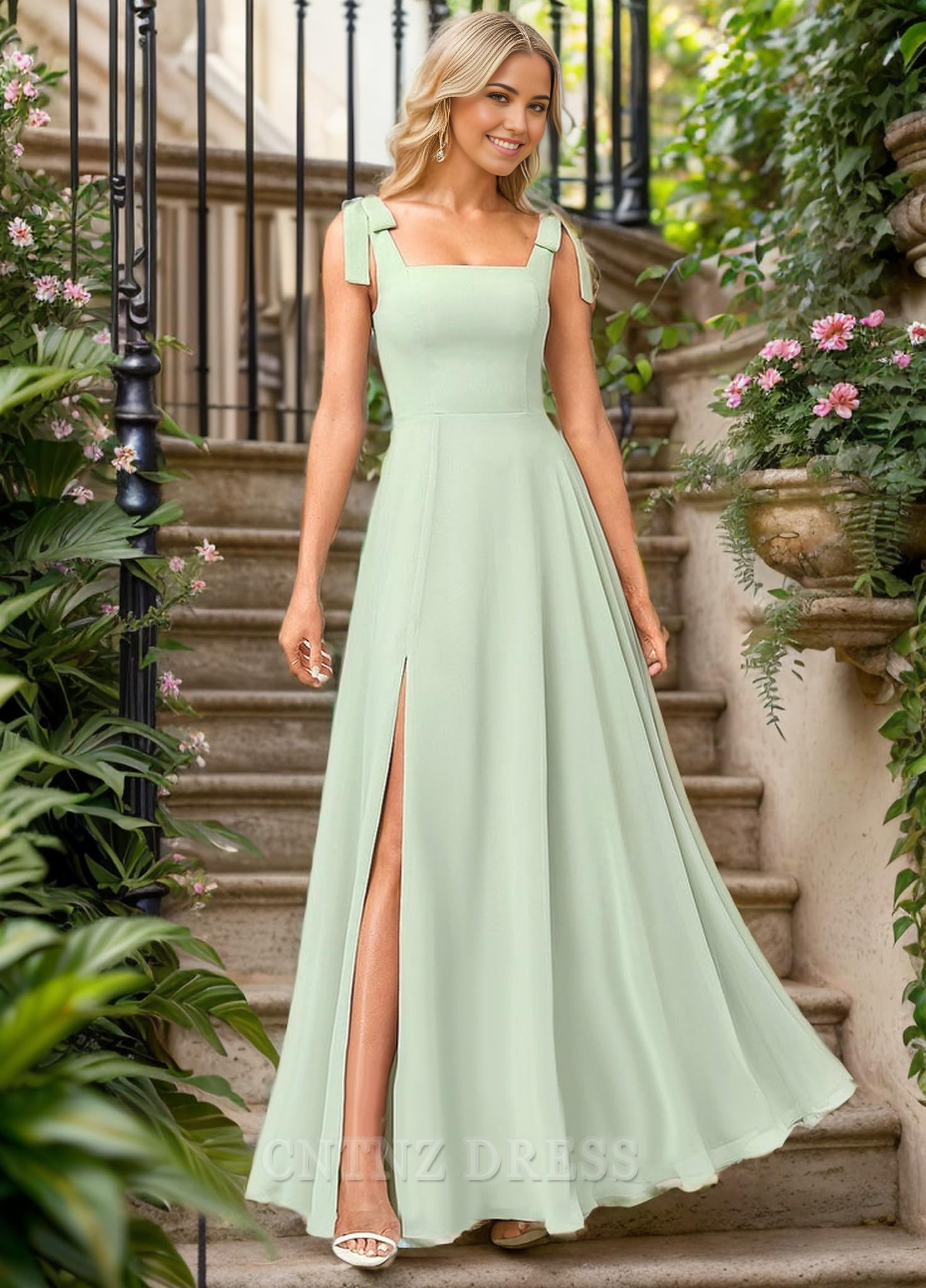 Wholesa A Line Square Neck Chiffon formal dresses Bridesmaid Dresses evening gown Prom Dress with Slit