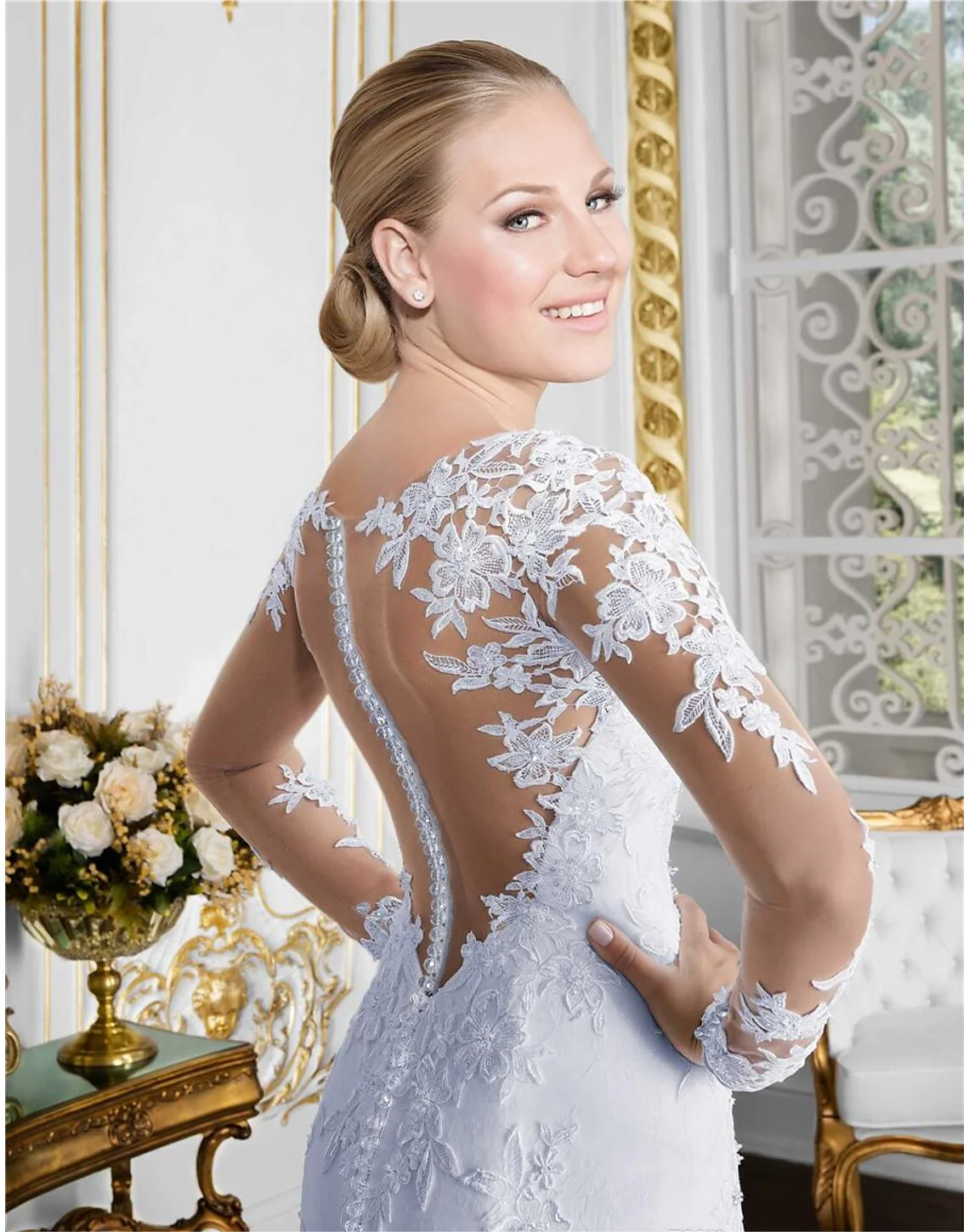 wholesale  Engagement Formal Fall Wedding Dresses Mermaid / Trumpet Illusion Neck Long Sleeve Court Train Lace Bridal Gowns