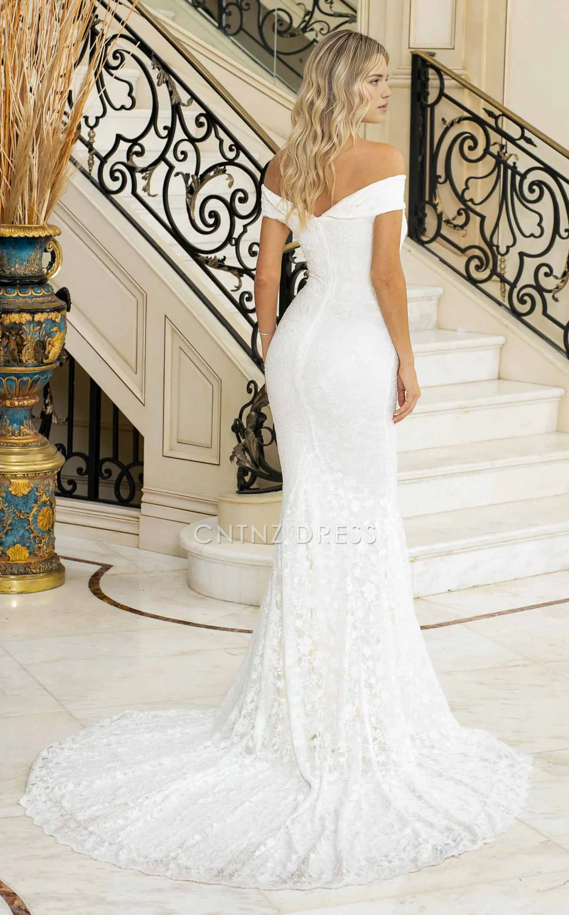 CNTNZ DRESS Charming Mermaid Off Shoulder Bateau Backless Sweep Train Exquisite Lace Hot Sale Wedding Dress